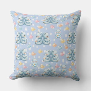 Cute Blue Bear and Fish Seamless Pattern Throw Pillow