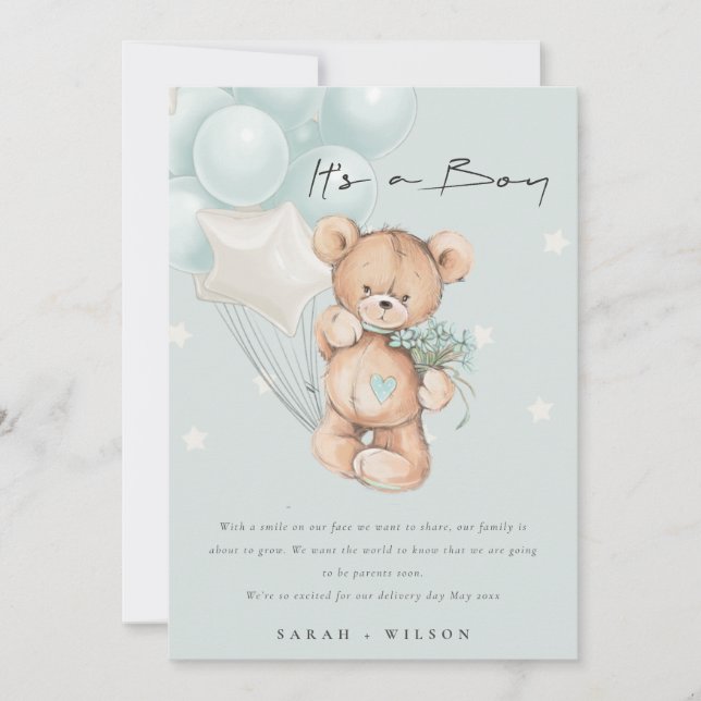 Cute Blue Bear Balloon Baby Announcement Card  (Front)