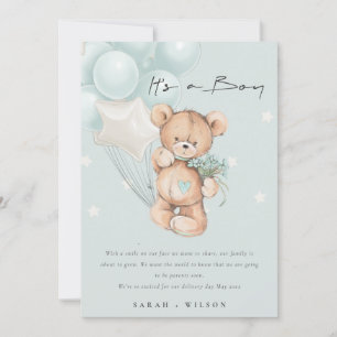 Cute Blue Bear Balloon Baby Announcement Card