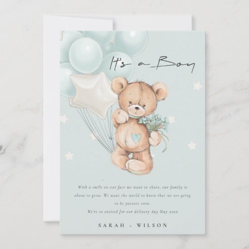 Cute Blue Bear Balloon Baby Announcement Card 