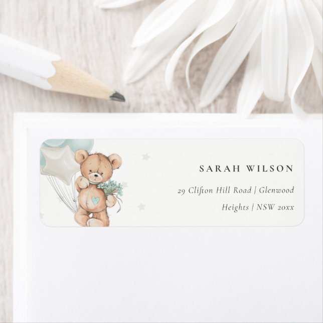 Cute Blue Bear Balloon Floral Bunch Heart Address Label (Insitu)