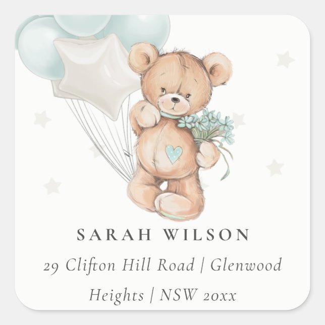 Cute Blue Bear Balloon Floral Bunch Heart Address Square Sticker (Front)