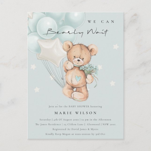 Cute Blue Bear Bearly Wait Balloon Baby Shower Postcard (Front)