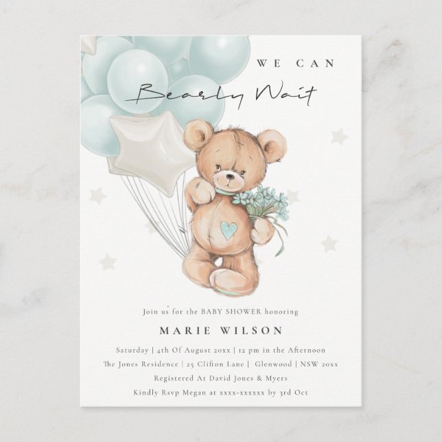 Cute Blue Bear Bearly Wait Balloon Baby Shower Postcard (Front)