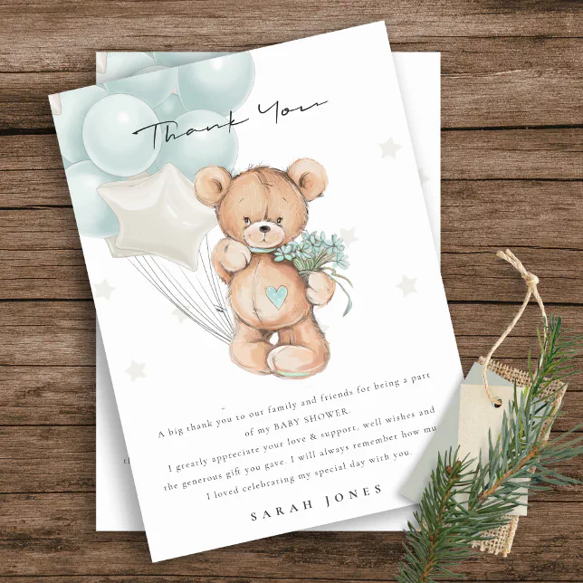 Cute Blue Bear Bearly Wait Balloon Baby Shower Thank You Card | Zazzle