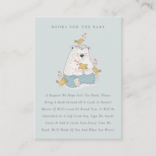 Cute Blue Bear Birds Hearts Books For Baby Shower Enclosure Card