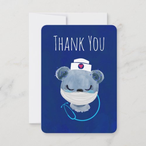 Cute Blue Bear Nurse wearing a Protective Mask Thank You Card