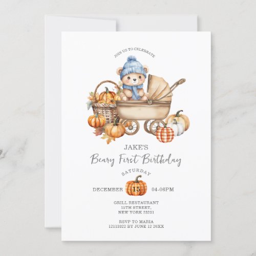 Cute Blue Bear Stroller Fall Pumpkin 1st Birthday Invitation