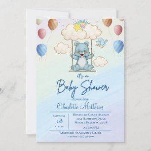 Cute Blue Bear Swing Rainbow Baby Shower Invitation