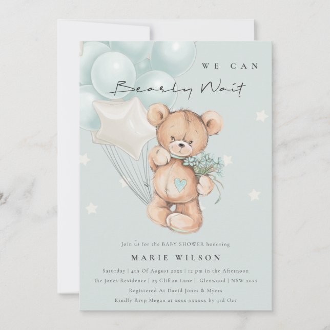 Cute Blue Bearly Wait Balloon Baby Shower Invite (Front)