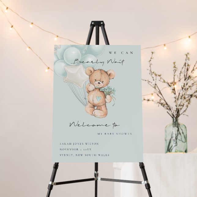 Cute Blue Bearly Wait  Balloon Baby Shower Welcome Foam Board (In Situ (Stand))