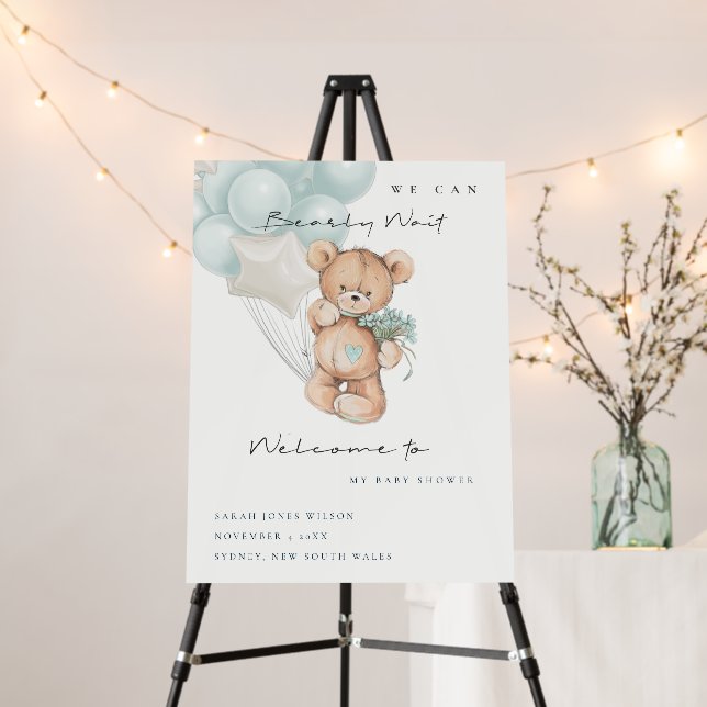 Cute Blue Bearly Wait  Balloon Baby Shower Welcome Foam Board (In Situ (Stand))