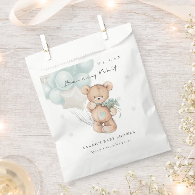 Cute Blue Bearly Wait Bear Balloon Baby Shower Favor Bag (Clipped)