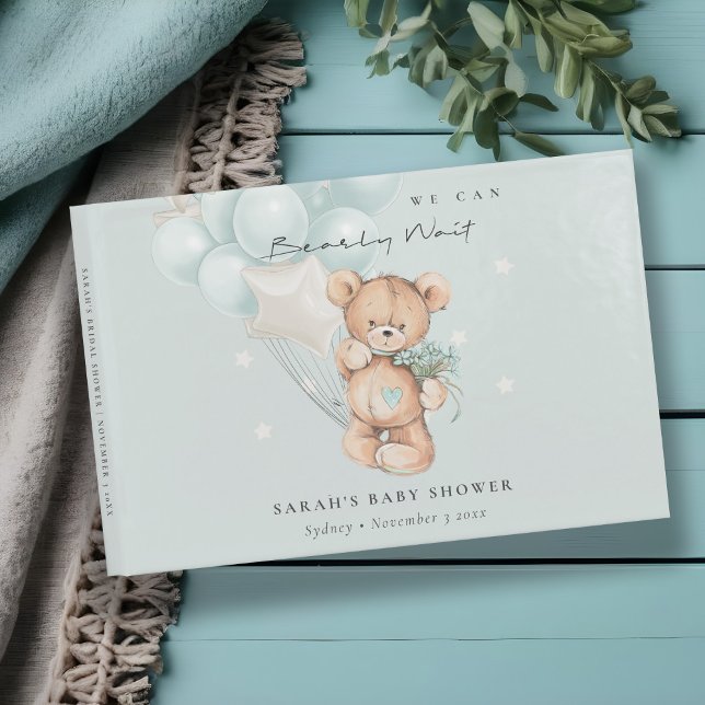Cute Blue Bearly Wait Bear Balloon Baby Shower  Guest Book (Creator Uploaded)