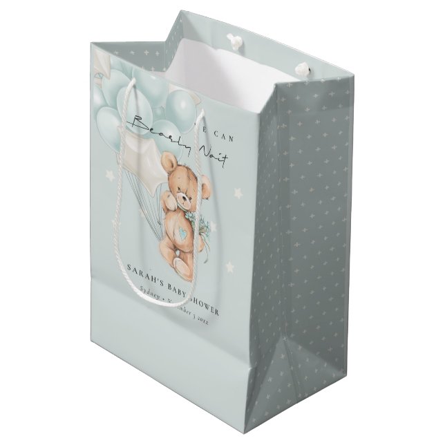 Cute Blue Bearly Wait Bear Balloon Baby Shower Medium Gift Bag (Front Angled)
