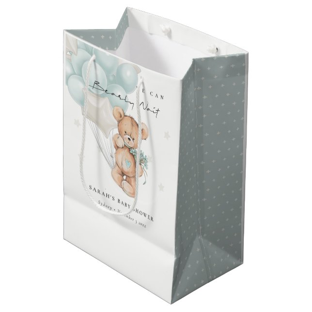 Cute Blue Bearly Wait Bear Balloon Baby Shower Medium Gift Bag (Front Angled)