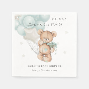 Cute Blue Bearly Wait Bear Balloon Baby Shower Napkins