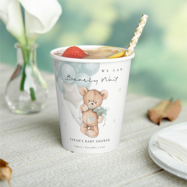 Cute Blue Bearly Wait Bear Balloon Baby Shower Paper Cups (Insitu)