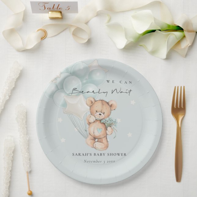 Cute Blue Bearly Wait Bear Balloon Baby Shower Paper Plates (Wedding)