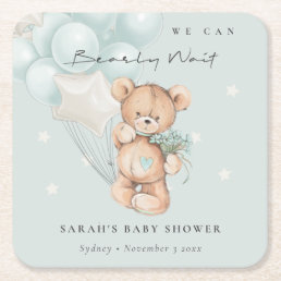 Cute Blue Bearly Wait Bear Balloon Baby Shower Square Paper Coaster