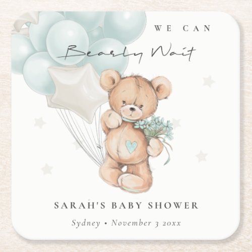 Cute Blue Bearly Wait Bear Balloon Baby Shower Square Paper Coaster