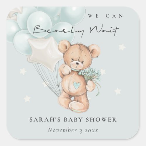 Cute Blue Bearly Wait Bear Balloon Baby Shower Square Sticker