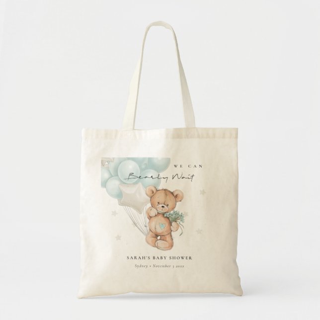 Cute Blue Bearly Wait Bear Balloon Baby Shower Tote Bag (Front)
