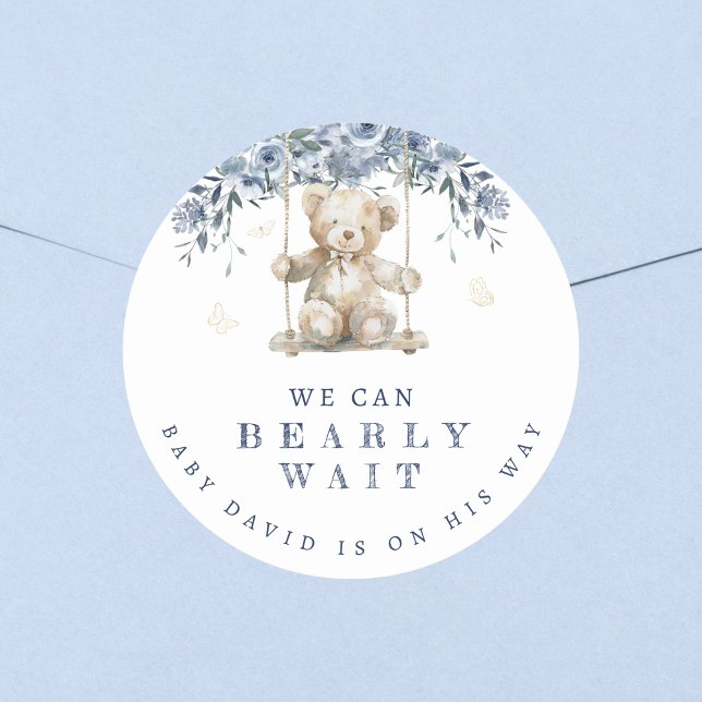 Cute Blue Bearly Wait Teddy Baby Shower Classic Round Sticker (Creator Uploaded)
