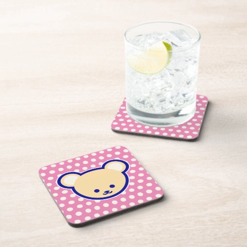 Cute Blue Beige Pink Teddy Bear Cartoon Art Beverage Coaster