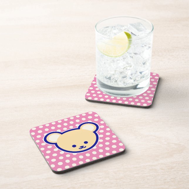 Cute Blue Beige Pink Teddy Bear Cartoon Art Beverage Coaster (Right Side)