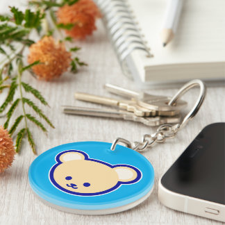 Cute Blue Beige Teddy Bear Cartoon Art Keychain