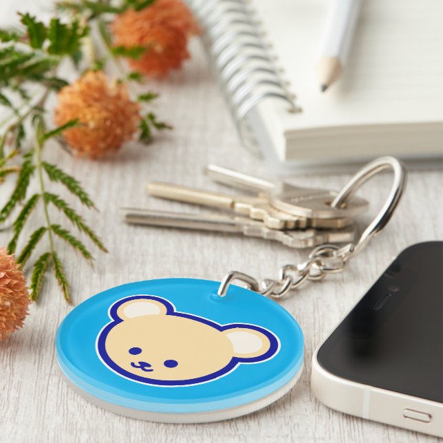 Cute Blue Beige Teddy Bear Cartoon Art Keychain (Front Right)