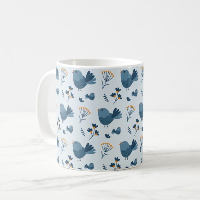 Cute Blue Bird and Berries illustrated Pattern Coffee Mug (Front Left)