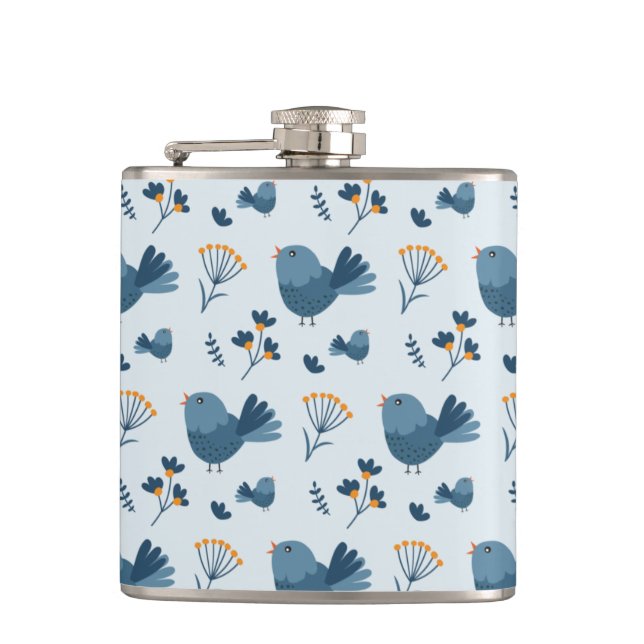 Cute Blue Bird and Berries illustrated Pattern Flask (Front)