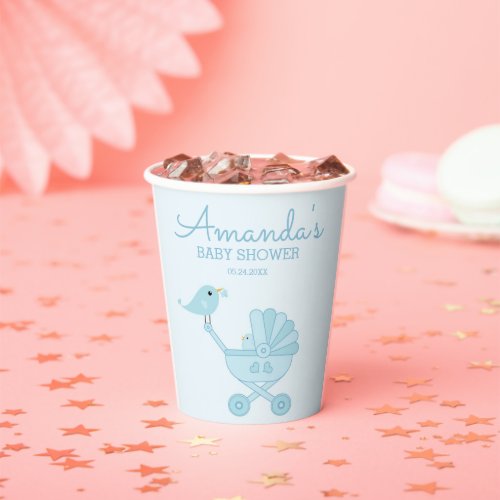 Cute Blue Bird Baby Carriage Baby Shower Party  Paper Cups