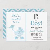 Cute Blue Bird Baby Carriage Chevron Baby Shower Invitation