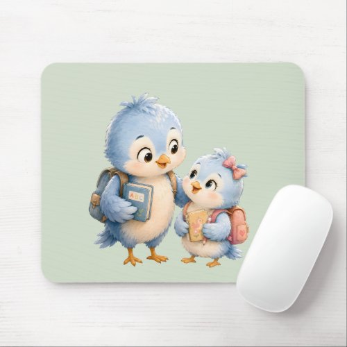 Cute Blue Bird Brother Sister Desk Mouse Pad