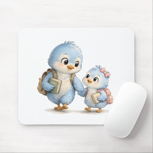 Cute Blue Bird Family Desk Mouse Pad