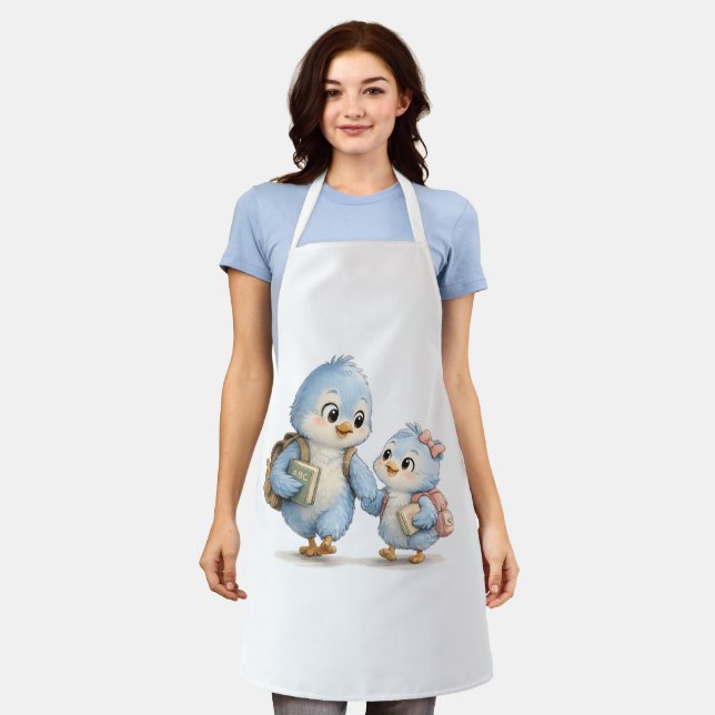 Cute Blue Bird Family Kitchen Apron (Worn)