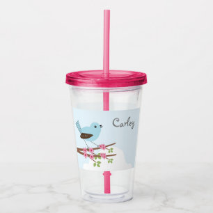Cute Blue Bird in Blossom Tree Personalised Acrylic Tumbler