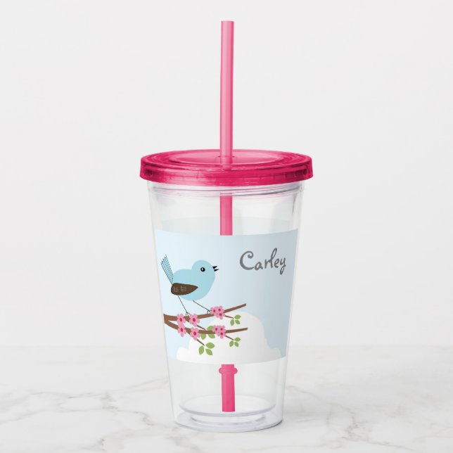 Cute Blue Bird in Blossom Tree Personalised Acrylic Tumbler (Front)