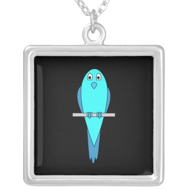 Cute Blue Bird. Parakeet. Black Silver Plated Necklace (Front)