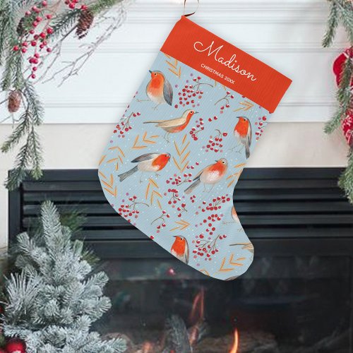 Cute Blue Bird Pattern Christmas Holiday Name Large Christmas Stocking