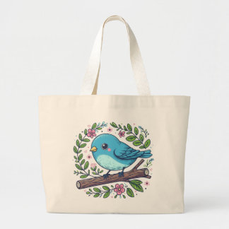 Cute Blue Bird Perched on a Blooming Branch Large Tote Bag