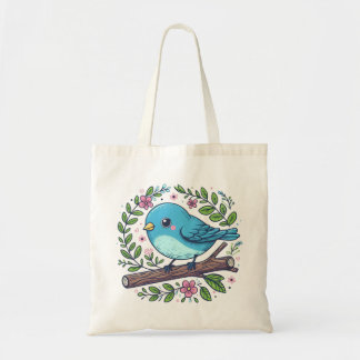 Cute Blue Bird Perched on a Blooming Branch Tote Bag