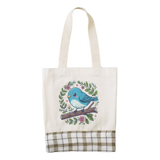 Cute Blue Bird Perched on a Blooming Branch Zazzle HEART Tote Bag