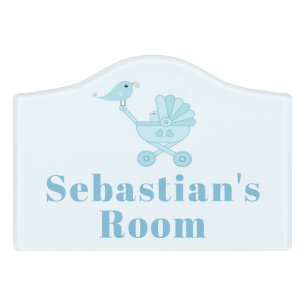 Cute Blue Bird Pram Carriage Baby Nursery Door Sign