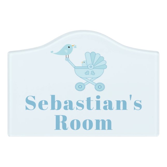 Cute Blue Bird Pram Carriage Baby Nursery Door Sign (Small Crest Front)