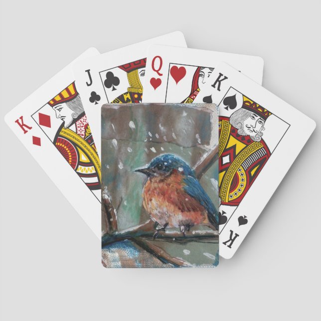 Cute Blue Bird Song Bird Winter Painting Poker Cards (Back)