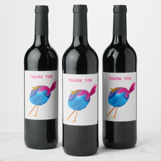 Cute blue bird watercolor wine label (Bottles)